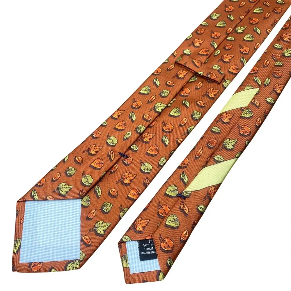 Marchesi di Como Men Burnt Orange Silk Autumn Leaf Print Tie Made in Italy